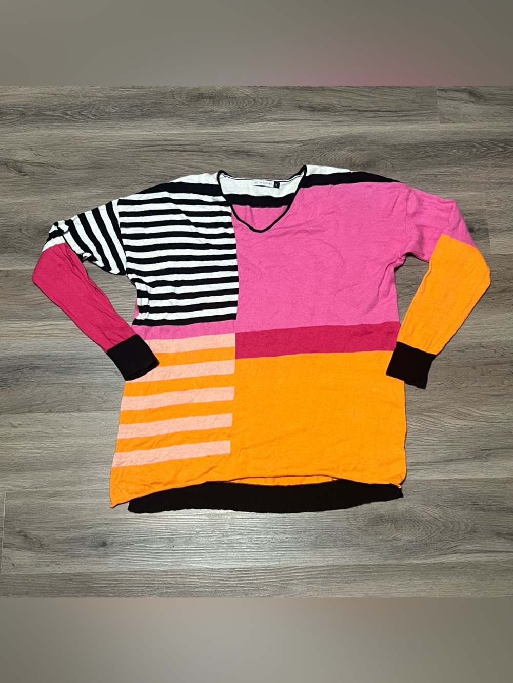 Zaket & Plover Womens Large Sweater Pink Orange Striped Cashmere Colorblock